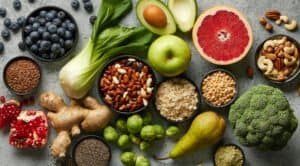 various fresh healthy products on grey table, top view. Healthy food clean eating selection: fruit, vegetable, seeds, superfood, cereals, leaf vegetable on gray concrete background